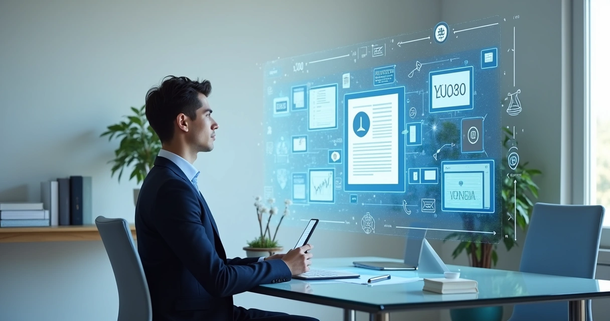 Advogado sentado à mesa digital revisando documentos digitais em tela clara 