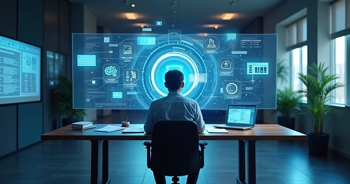 Advogado trabalhando com ferramentas digitais em escritório moderno 