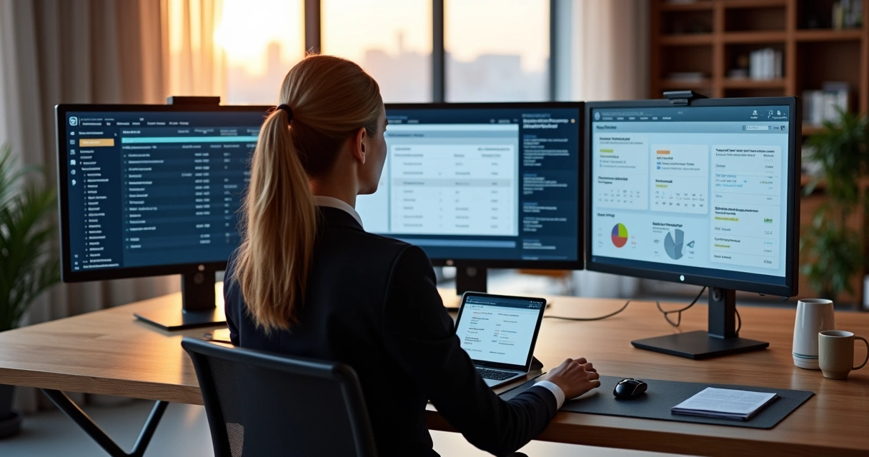 Advogada em escritório moderno usando software jurídico em vários monitores 