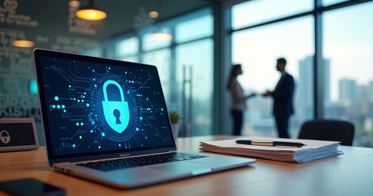 Mesa de escritório com laptop mostrando cadeado digital e documentos sobre proteção de dados 