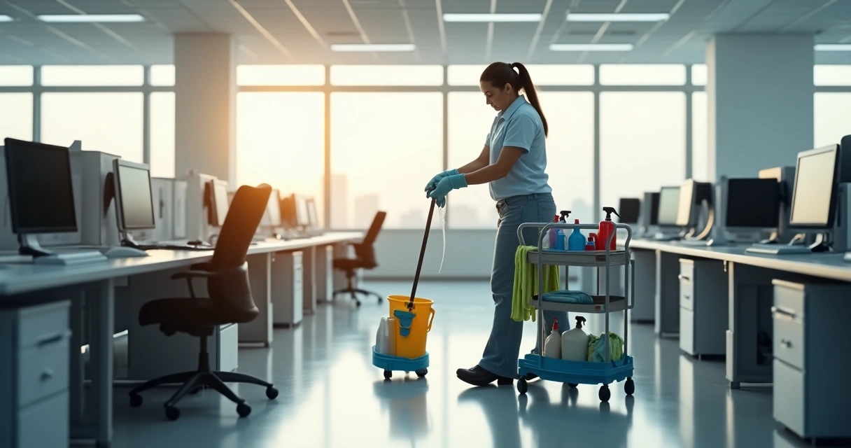 Produtos de limpeza organizados em um escritório corporativo 