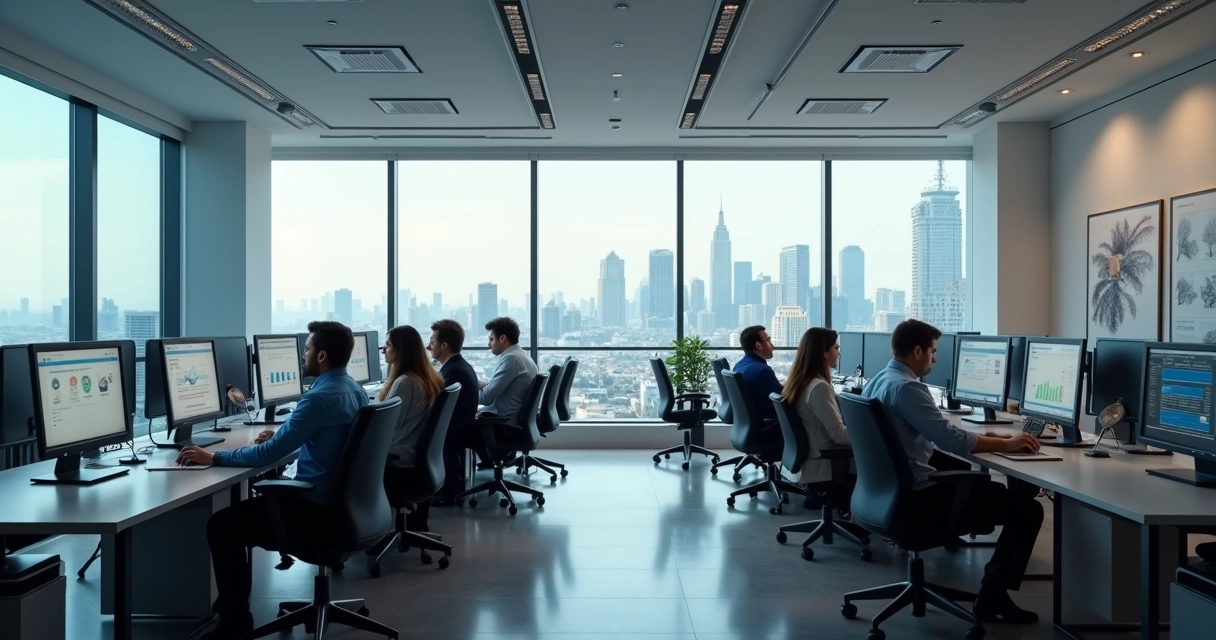 Ambiente de escritório moderno com profissionais usando computadores no LinkedIn 