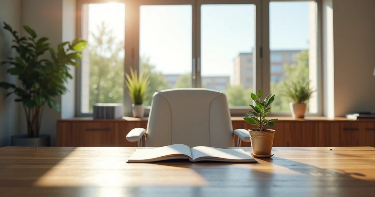 Escritório com luz natural, mesa organizada e cadeira confortável