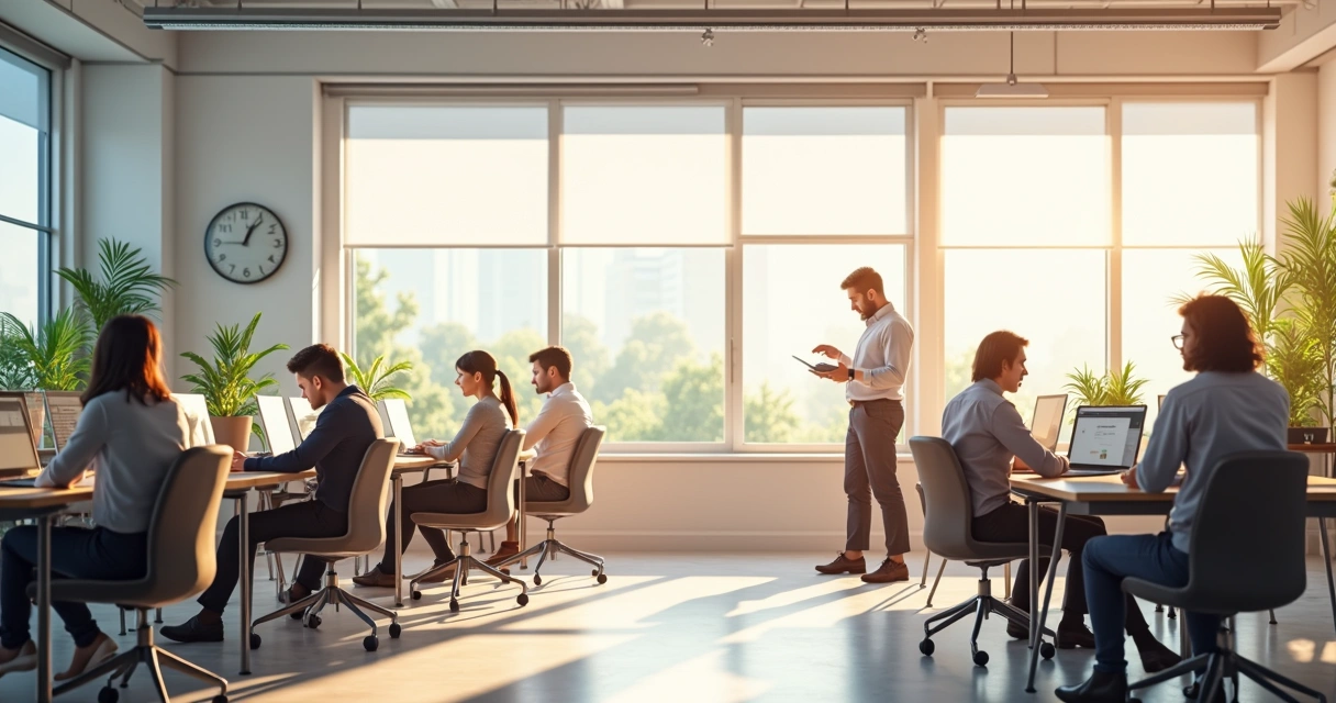 Ambiente de escritório com luz natural, pessoas em mesas de trabalho, plantas decorativas