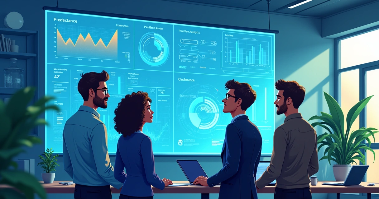 Ambiente de escritório moderno com profissionais analisando dados de machine learning em um grande monitor.