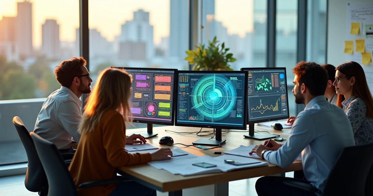 Equipe em escritório analisando fluxos de dados em monitores 