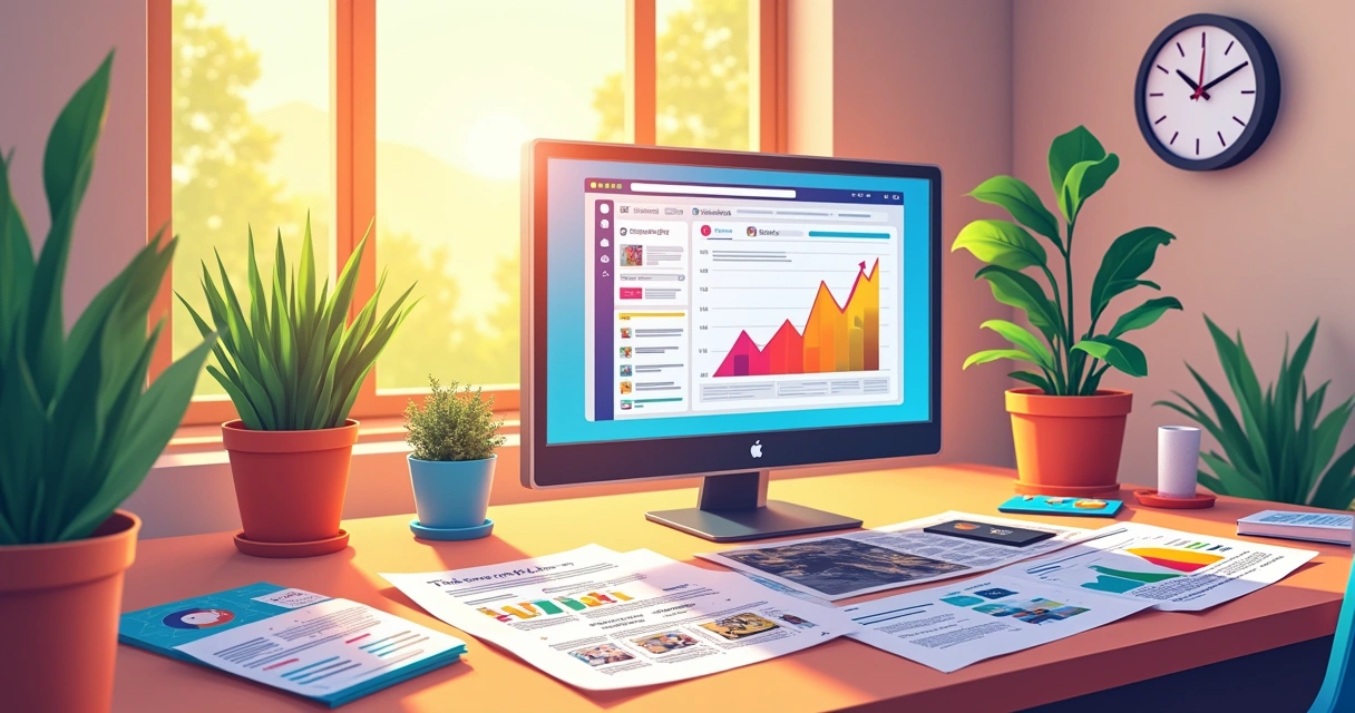 Ilustração de um escritório de marketing digital com um computador mostrando o painel de anúncios do Facebook.