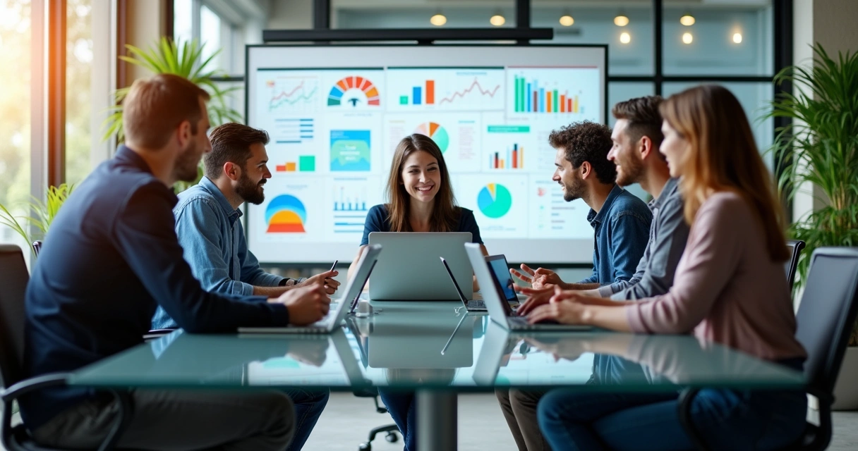 Equipe reunida em escritório moderno discutindo estratégias digitais 