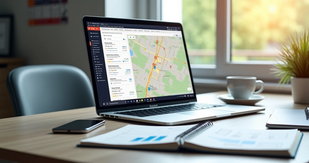 Mesa de escritório com computador, smartphone mostrando avaliações no Google Maps e anotações para estratégias de marketing digital 