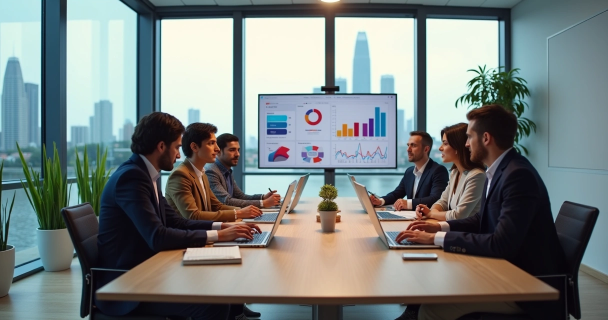 Equipe de marketing reunida em escritório moderno com vista para Porto Alegre 