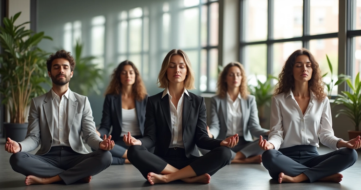 Colaboradores em um escritório praticando meditação juntos