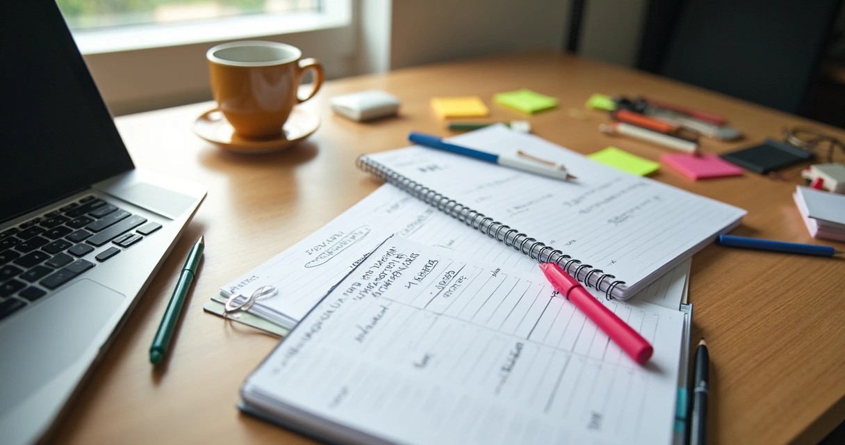 Mesa de escritório com planner, caneta e listas de tarefas escritas à mão. 