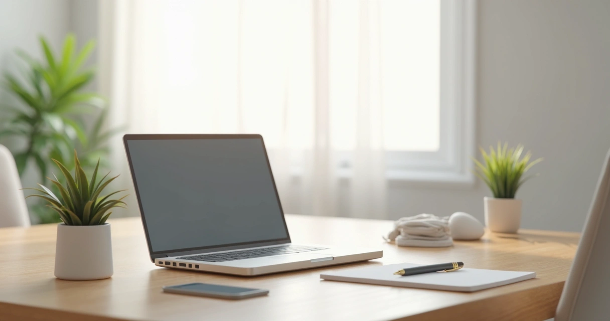Mesa limpa e organizada com poucos objetos essenciais em ambiente moderno e claro 