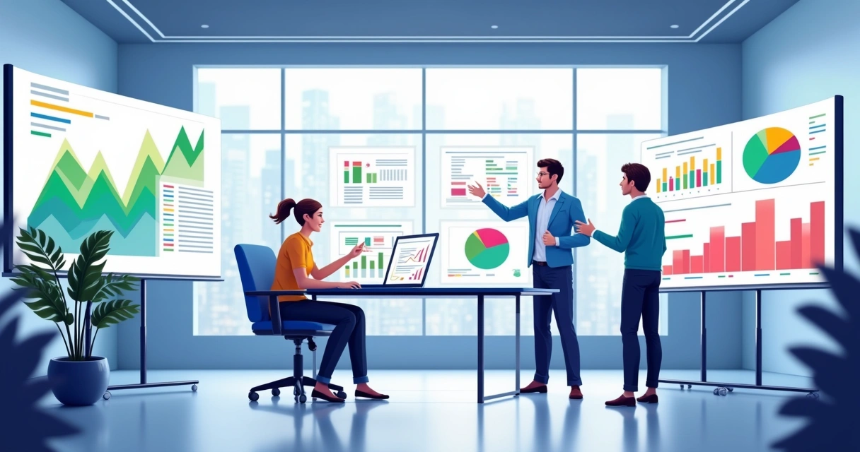 Escritório moderno com telas exibindo dashboards do Power BI e profissionais colaborando em equipe.