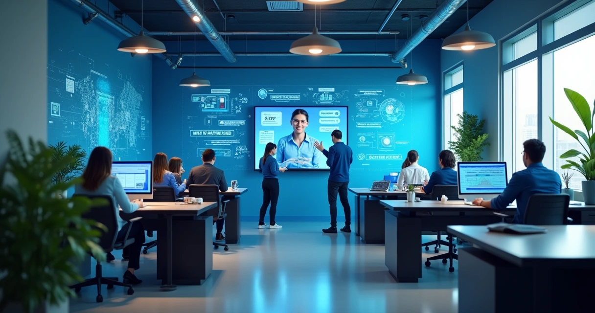 Escritório moderno com assistente virtual em chamada, colaboradores discutindo automação e gráficos de produtividade.