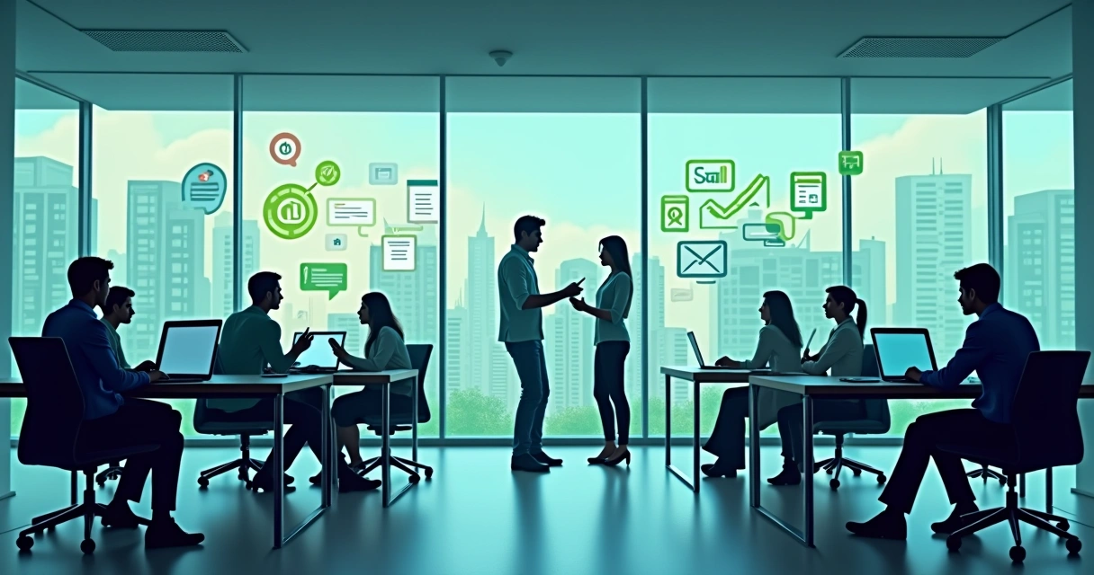 Escritório moderno com equipe diversificada colaborando, gráficos de produtividade e automação em exibição.