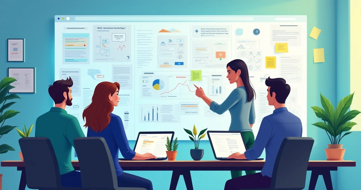 Ambiente de escritório moderno com equipe diversificada colaborando usando ferramenta no-code.