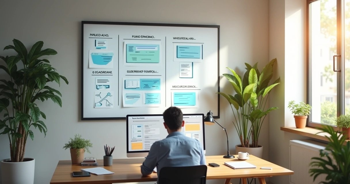 Homem de negócios escrevendo em caderno em um escritório moderno com planejamento de website ao fundo.