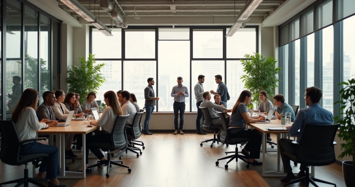 Ambiente interno de escritório moderno com pessoas conversando e equipes reunidas