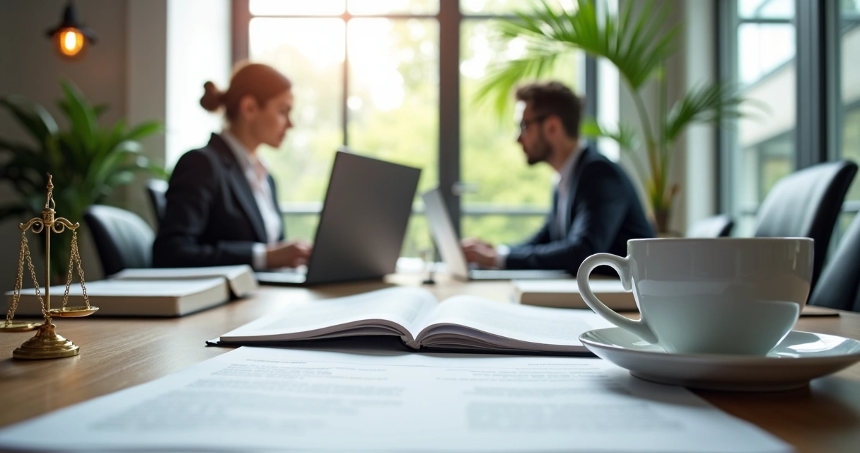 Ambiente de escritório de advocacia moderno com notebooks e livros de direito 