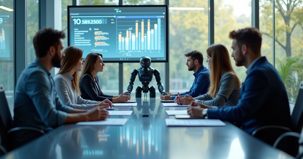 Ambiente de escritório moderno com equipe trabalhando junto e robô digital ao fundo 