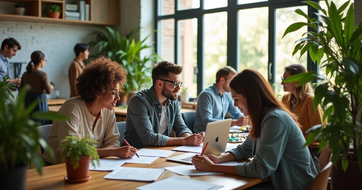 Espaço de trabalho moderno, colaboradores reunidos em ambiente acolhedor, luz suave, elementos naturais. 