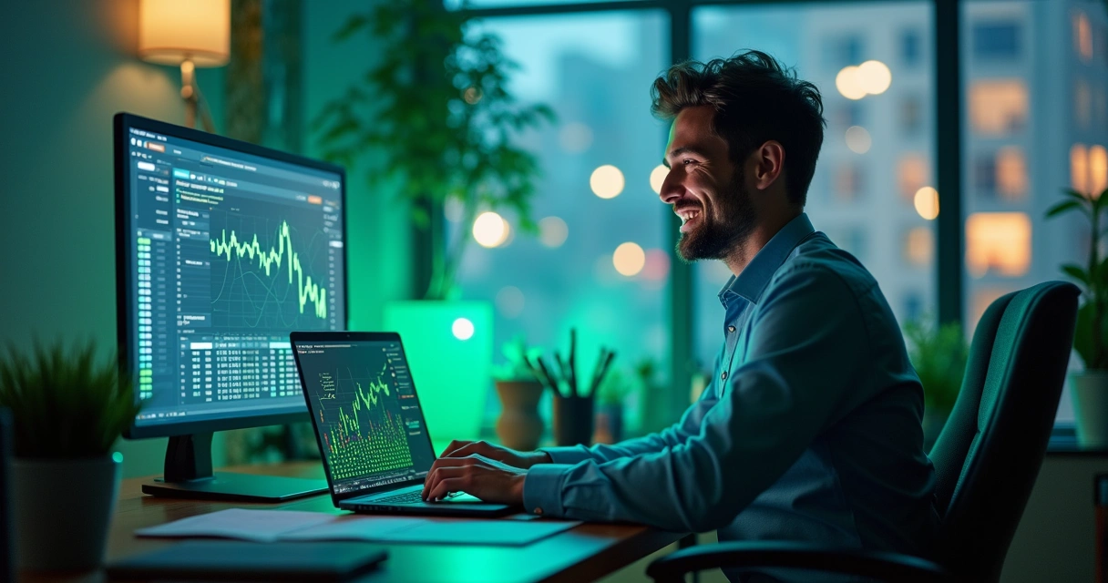 Contador trabalhando em escritório moderno com interface do Drex em laptop, gráficos financeiros digitais no ar.