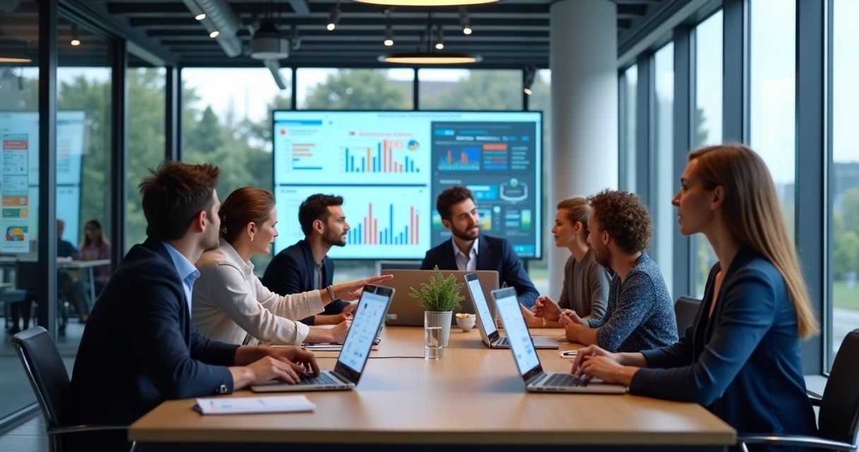 Equipe de vendas reunida utilizando sistema CRM em ambiente de escritório moderno 