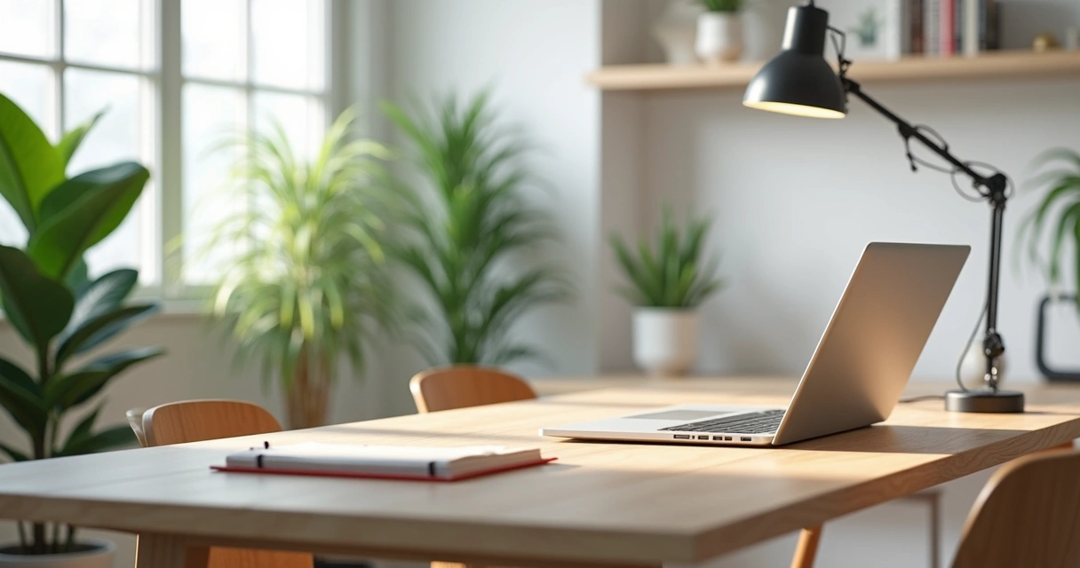 Ambiente de escritório moderno com mesa de madeira clara, notebook, parede branca e plantas ao fundo. 