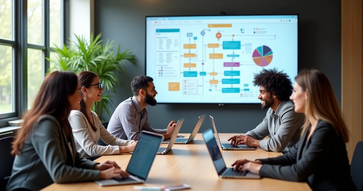 Equipe reunida em sala de reunião moderna, discutindo novas estratégias com IA