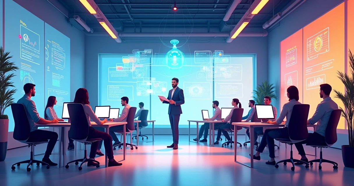 Ambiente de escritório moderno com equipe diversificada e holograma de assistente de IA mostrando dados.