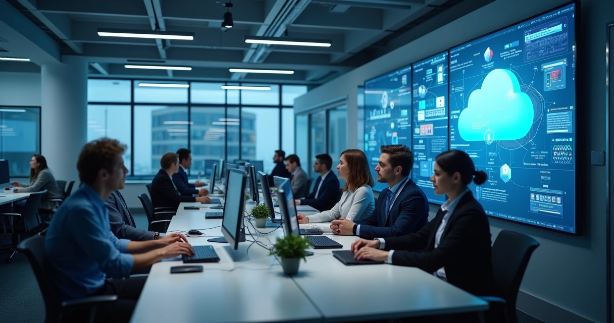 Ambiente de escritório moderno com técnicos em frente a telas demonstrando compartilhamento em nuvem 