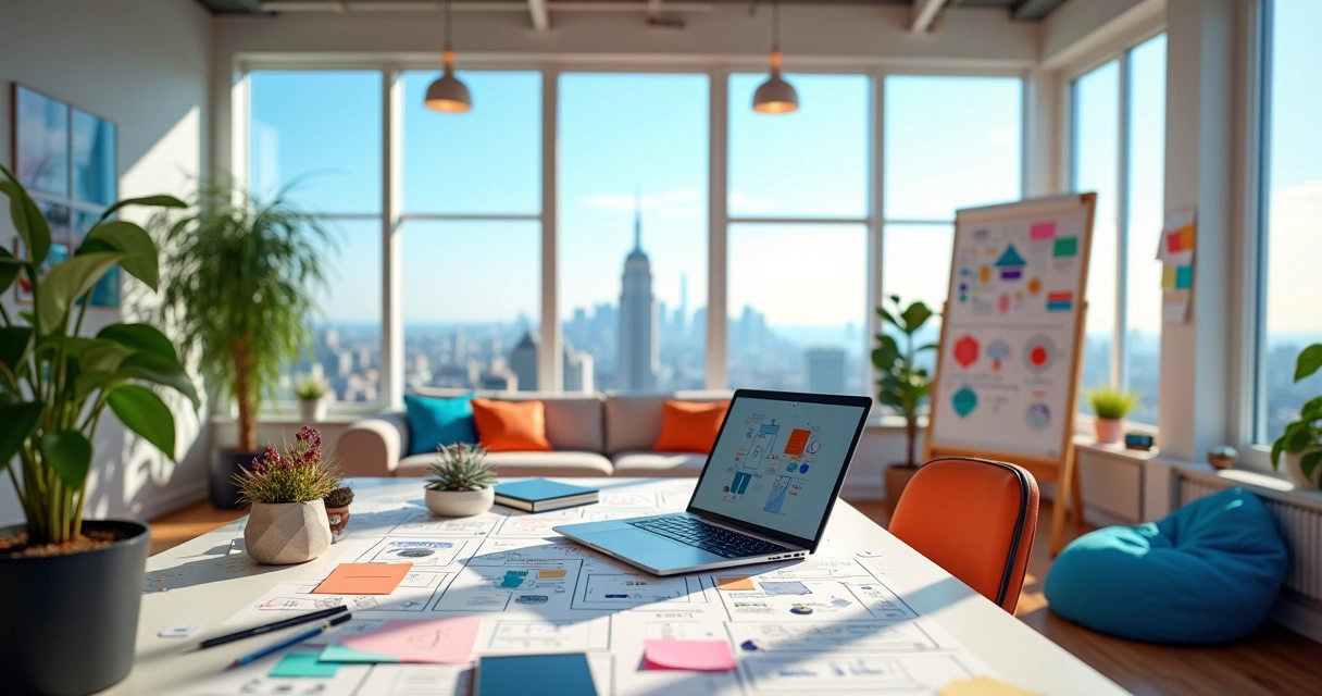 Escritório moderno e iluminado com mesa de trabalho, plantas, laptop e área de descanso.