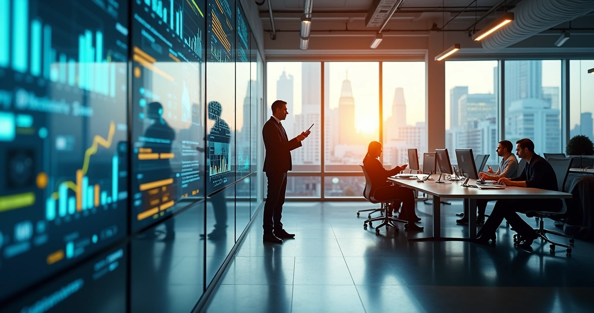 Ambiente empresarial moderno com telas de sistemas digitais no escritório 