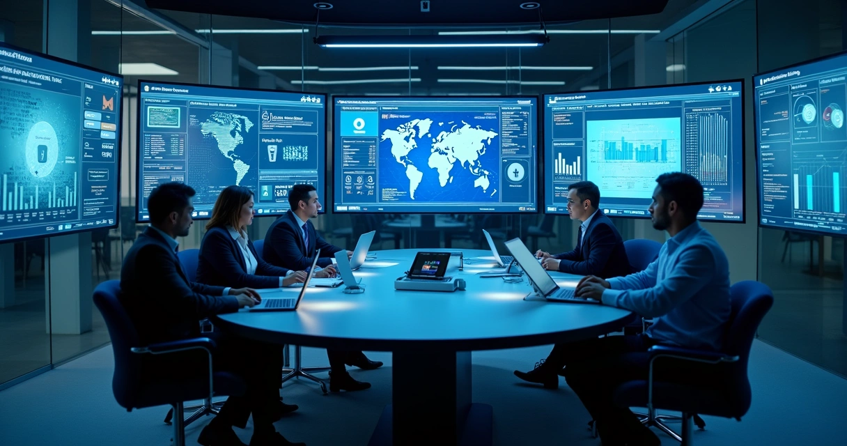 Profissionais em escritório moderno analisando segurança digital em telas 