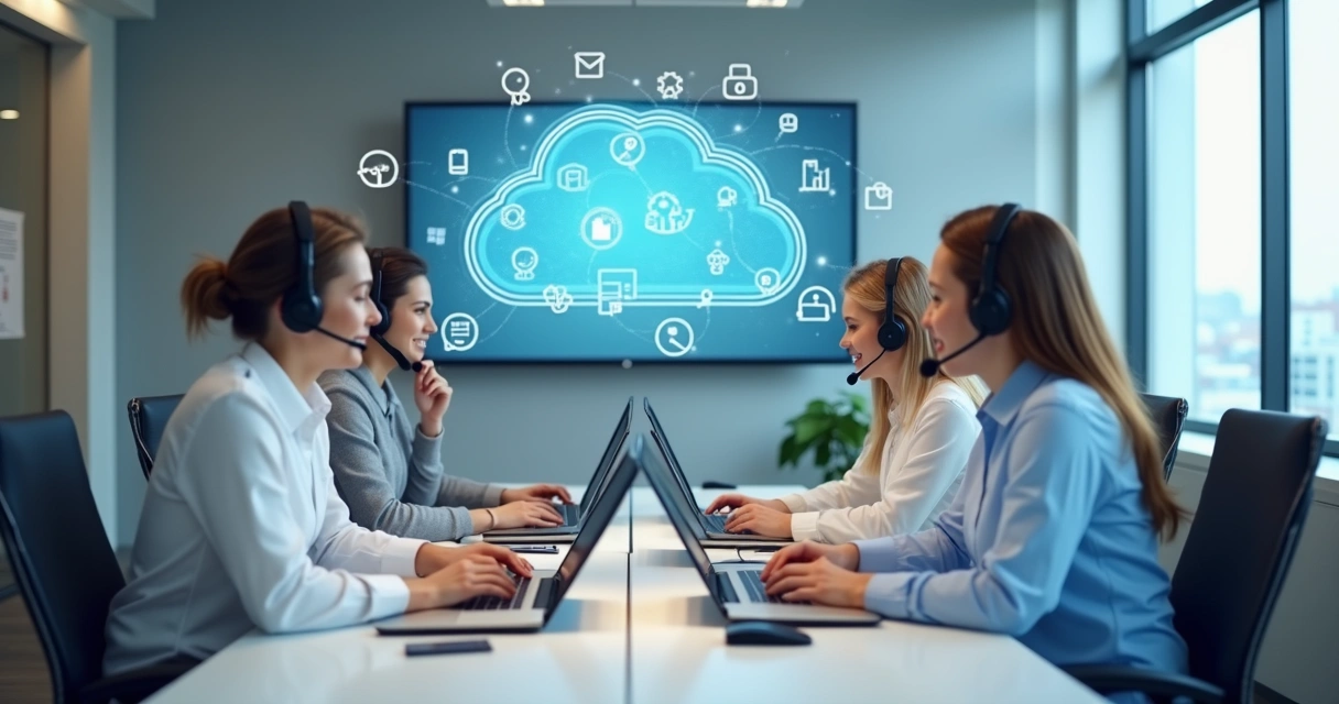 Ambiente de escritório moderno com computadores e telefone digital em nuvem 