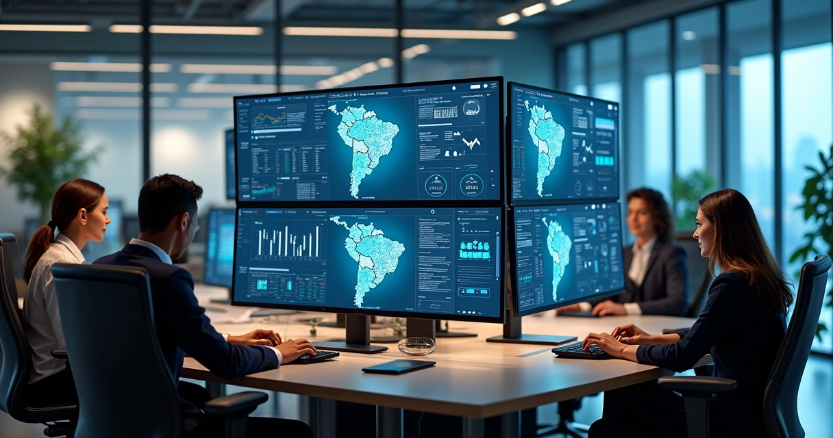 Vista de escritório moderno com mapas digitais de Brasil e notas fiscais eletrônicas exibidas em múltiplas telas de computador