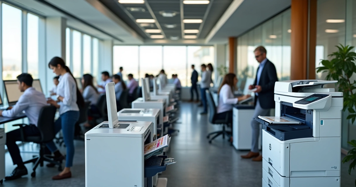 Setor empresarial com impressoras multifuncionais em uso 