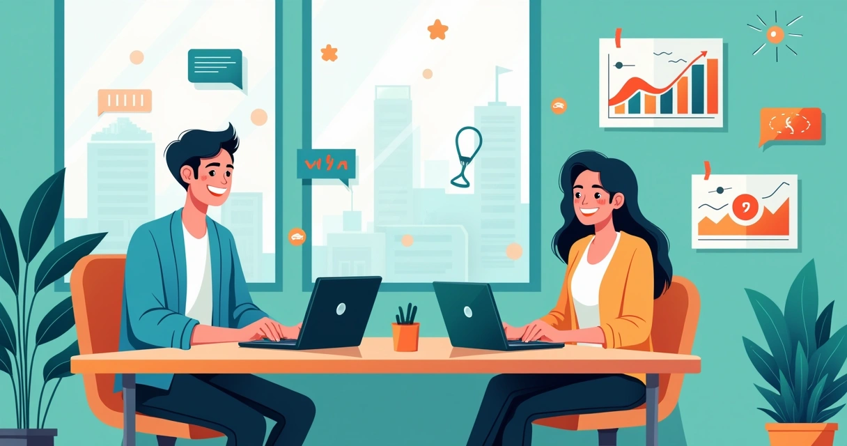 Escritório moderno com empresário e empresária usando no-code, cercados por gráficos de crescimento.