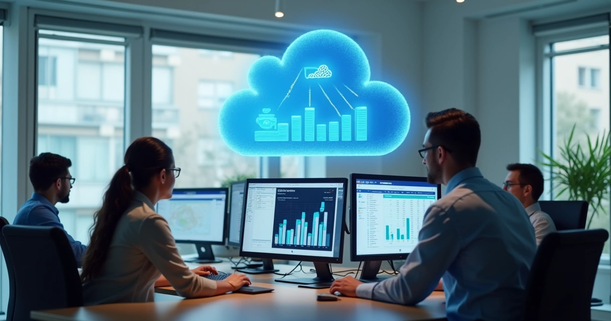 Contadores trabalhando em computadores conectados à nuvem, com gráficos e arquivos digitais em destaque 