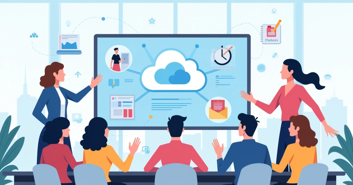 Equipe em escritório colaborando com dados exibidos em tela digital 
