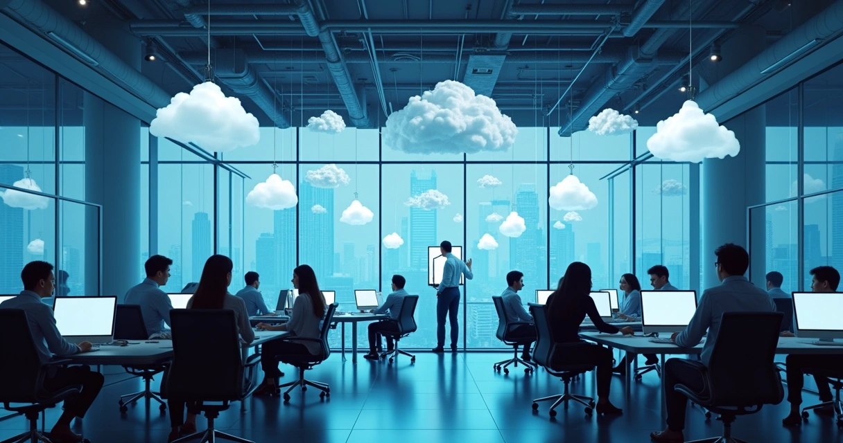 Ambiente de escritório moderno funcionando na nuvem 