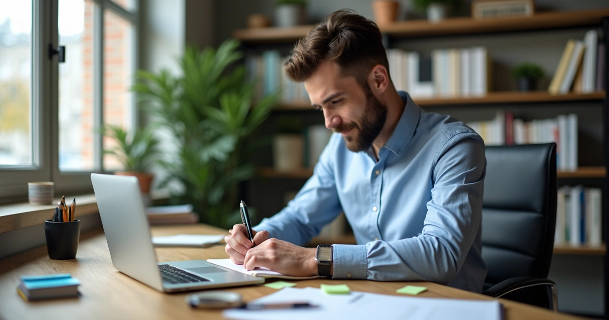 Homem escrevendo em bloco de notas, computador aberto ao lado, ambiente de escritório organizado. 