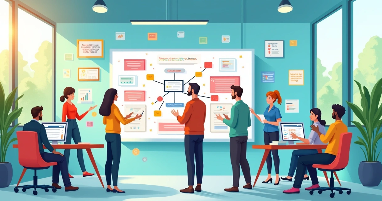 Ilustração de um escritório organizado com equipe colaborando e diagrama de onboarding na lousa.