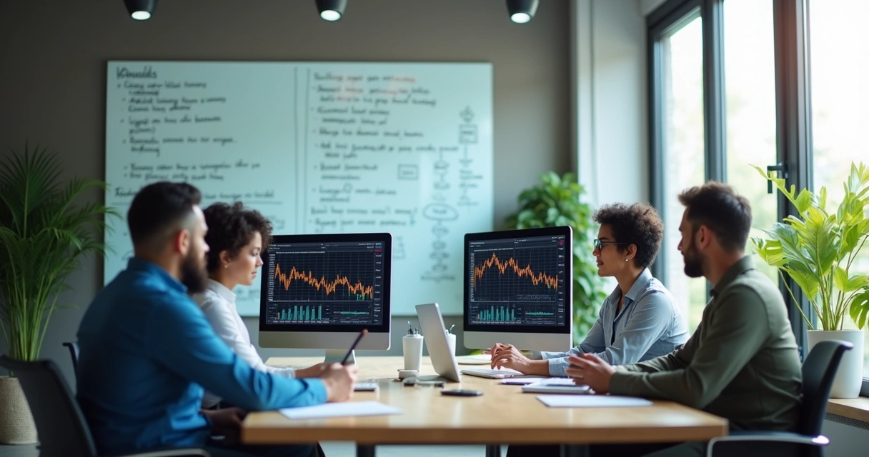 Ambiente de escritório moderno, pessoas usando computadores com gráficos financeiros em telas 