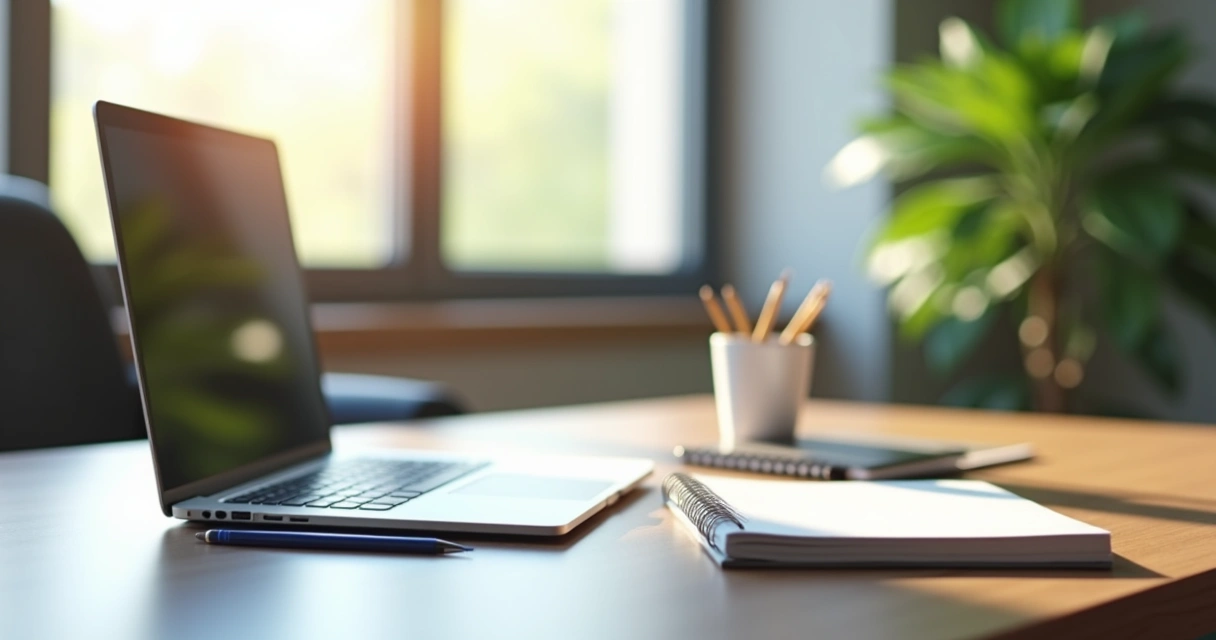 Mesa de trabalho organizada com poucos objetos e iluminação natural