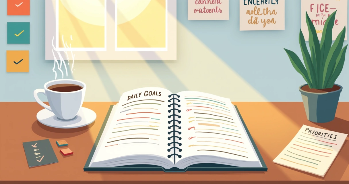 Espaço de trabalho iluminado com um planejador aberto, café, e lista de tarefas concluídas.