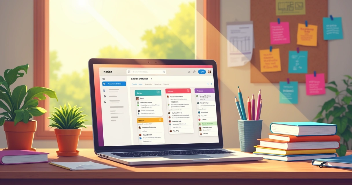 Área de trabalho organizada com Notion, mostrando laptop, caderno, etiquetas e calendário.