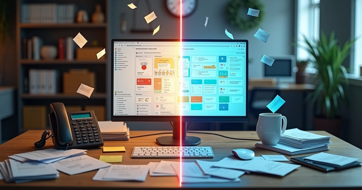 Metade do escritório com pilhas de documentos e outra metade com painel digital automatizado 