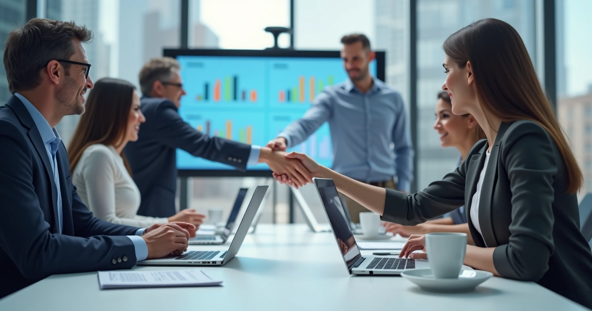 7 Exemplos de Escritórios que Escalaram com Parcerias Duas equipes de escritórios de serviços unindo esforços em ambiente moderno